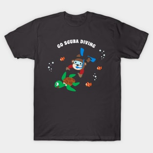 Diving with funny monkey and turtle with cartoon style. T-Shirt